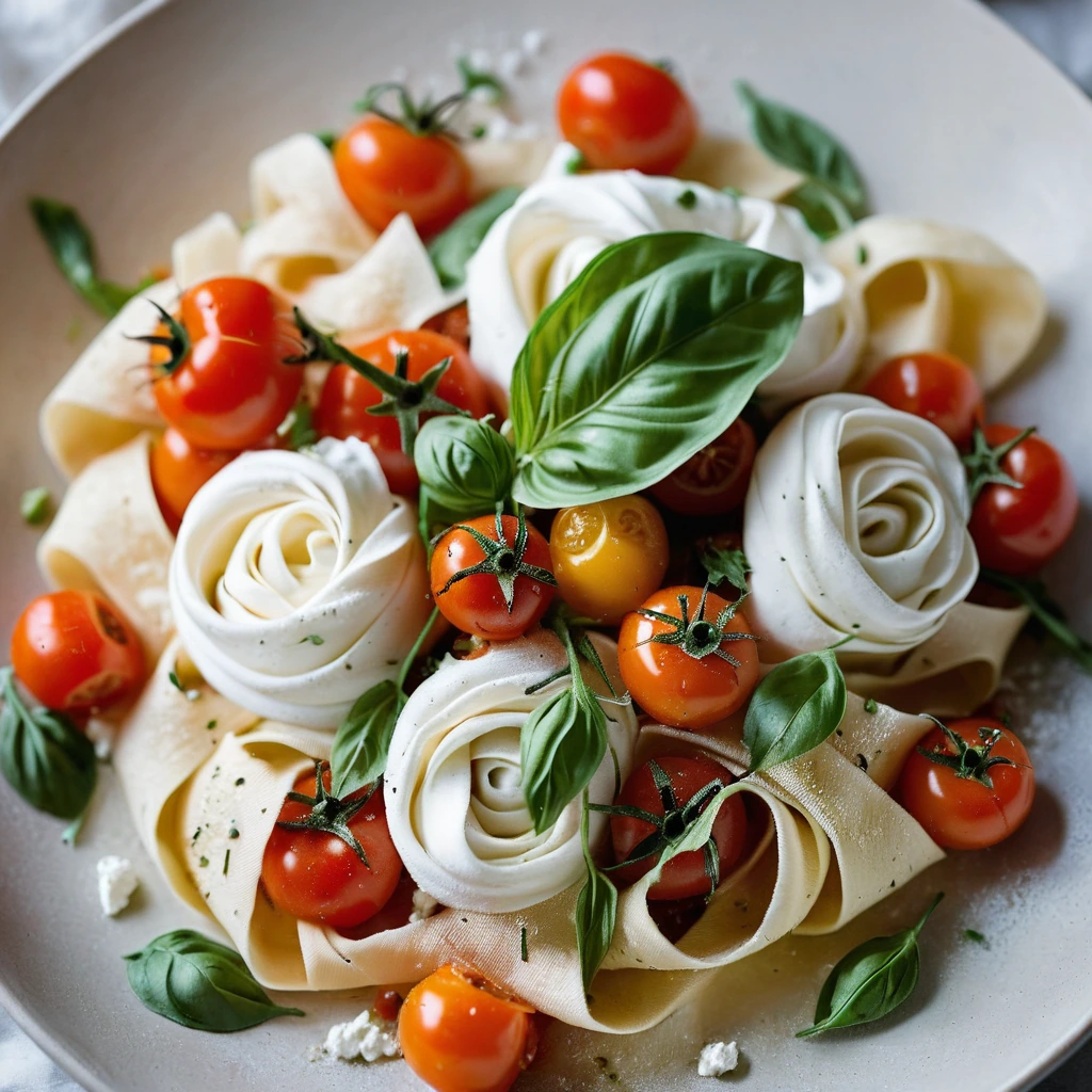 Golden roasted tomatoes nestled in a bed of wide pappardelle pasta with creamy burrata scattered throughout.