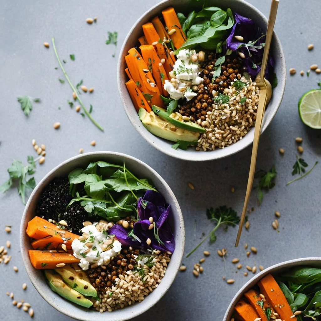 Colorful roasted vegetables atop a bed of grains with a drizzle of hummus and a sprinkle of fresh herbs