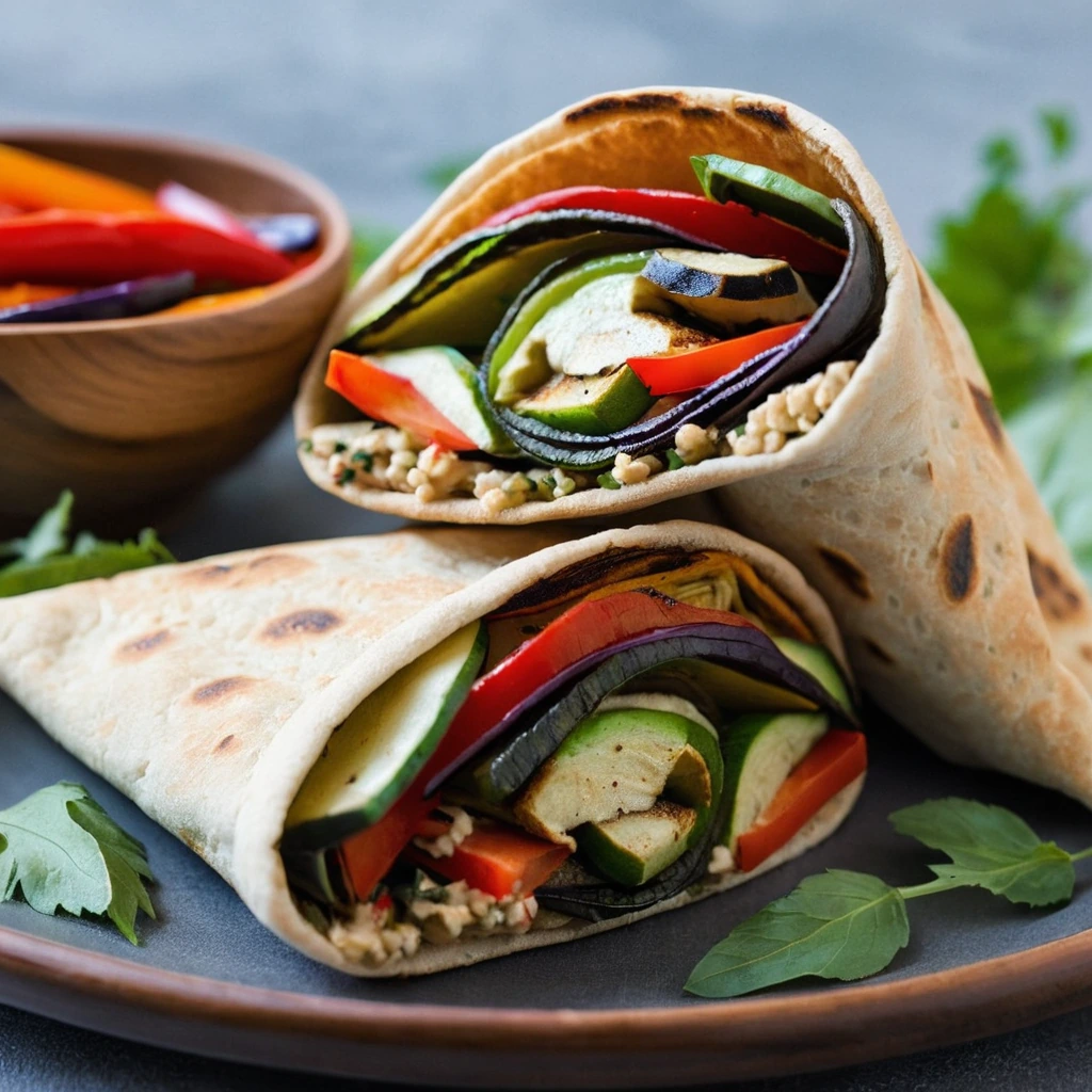 Toasted pita pockets filled with roasted red peppers, zucchini, and eggplant, drizzled with hummus and sprinkled with fresh parsley.