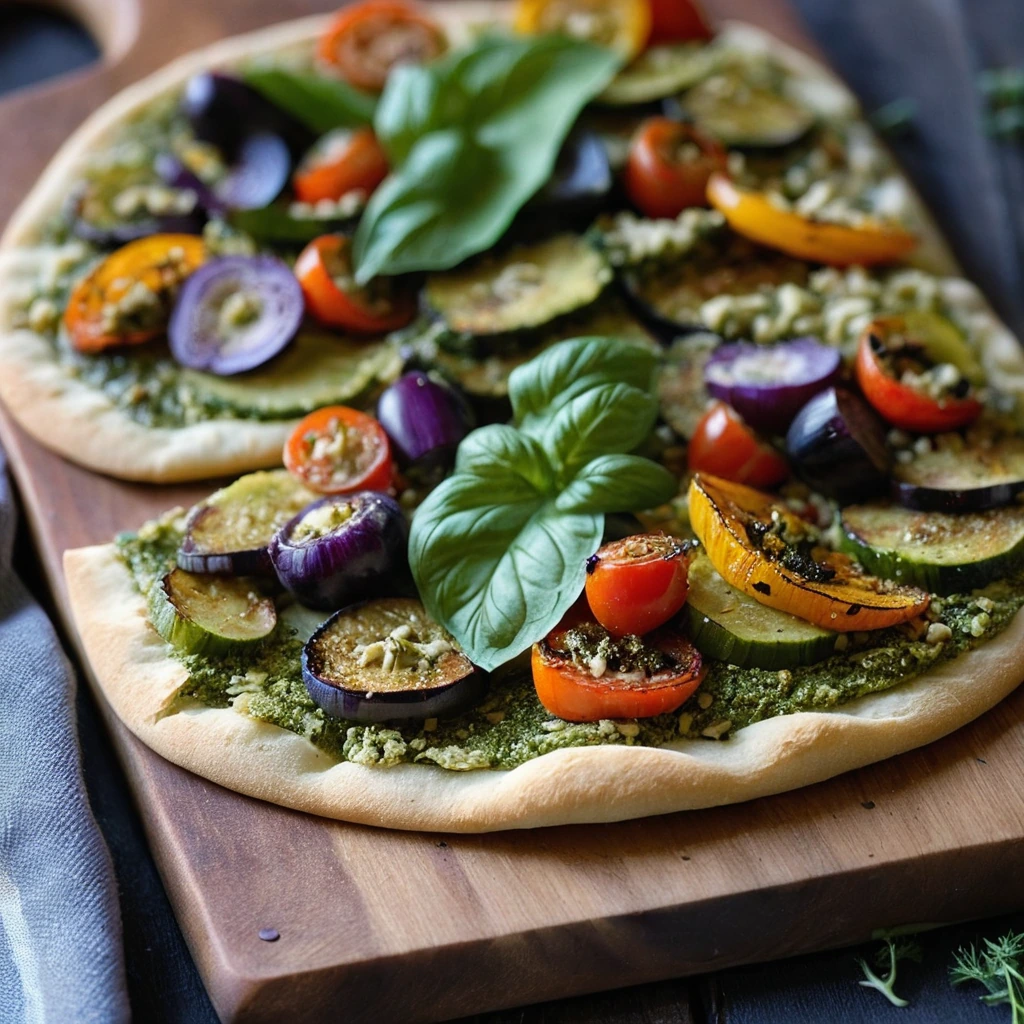 Golden flatbread topped with colorful roasted vegetables and drizzled with green pesto, served on a rustic wooden board.