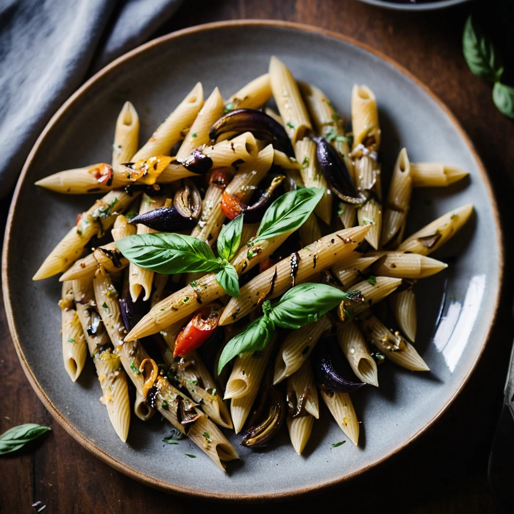Penne pasta twirled with roasted colorful vegetables on a rustic plate, drizzled with glossy balsamic glaze.