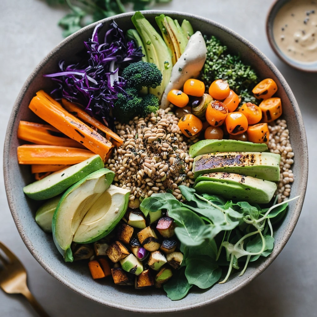 Colorful roasted vegetables over quinoa in a bowl with a drizzle of tahini sauce