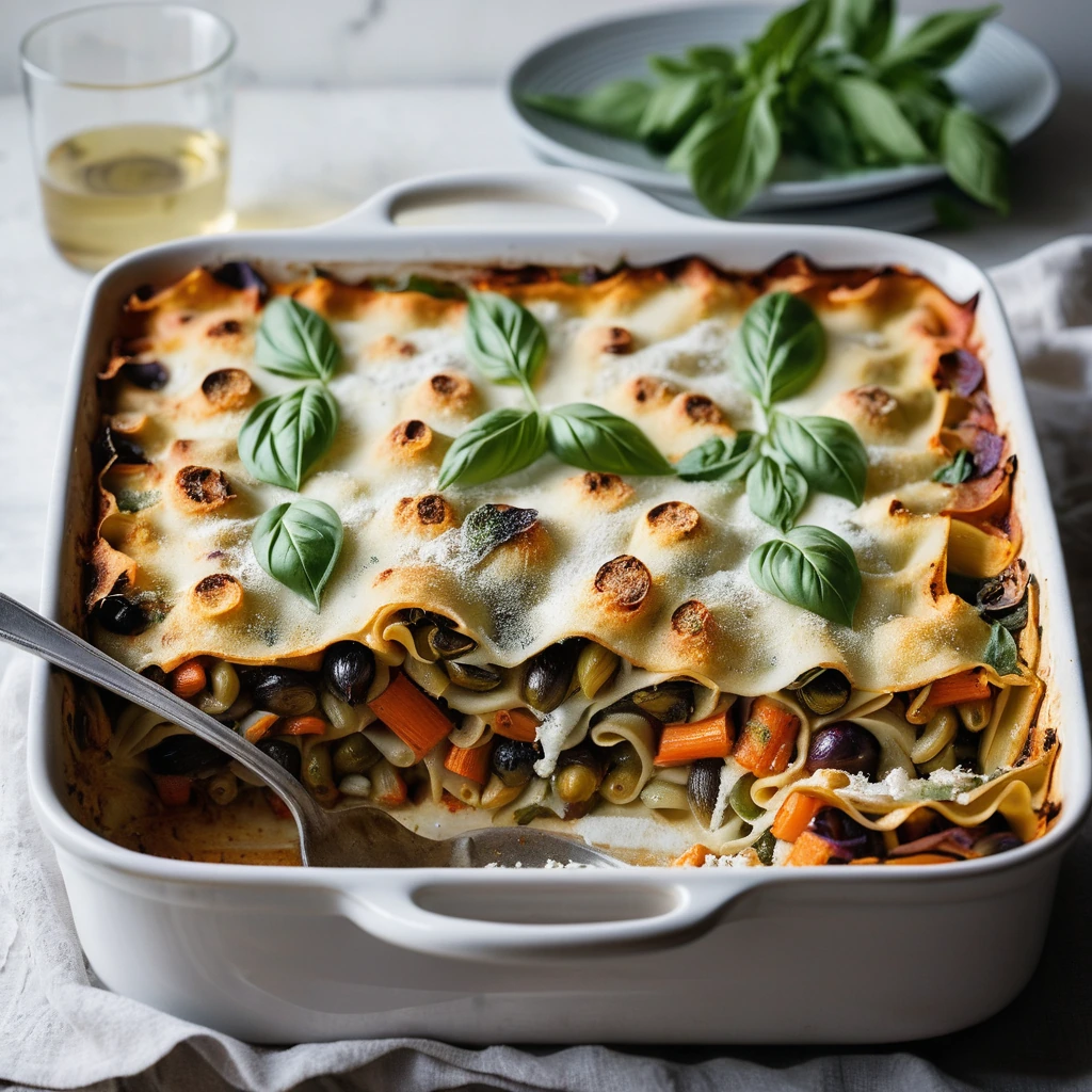 Golden roasted vegetables layered with ricotta and pasta sheets in a bubbly, melted cheese topped casserole.