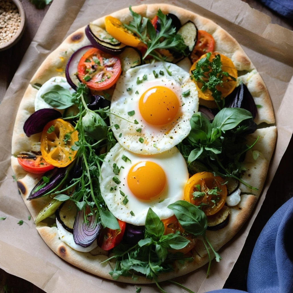 Golden flatbread topped with colorful roasted vegetables and a runny sunny-side-up egg, garnished with fresh herbs.
