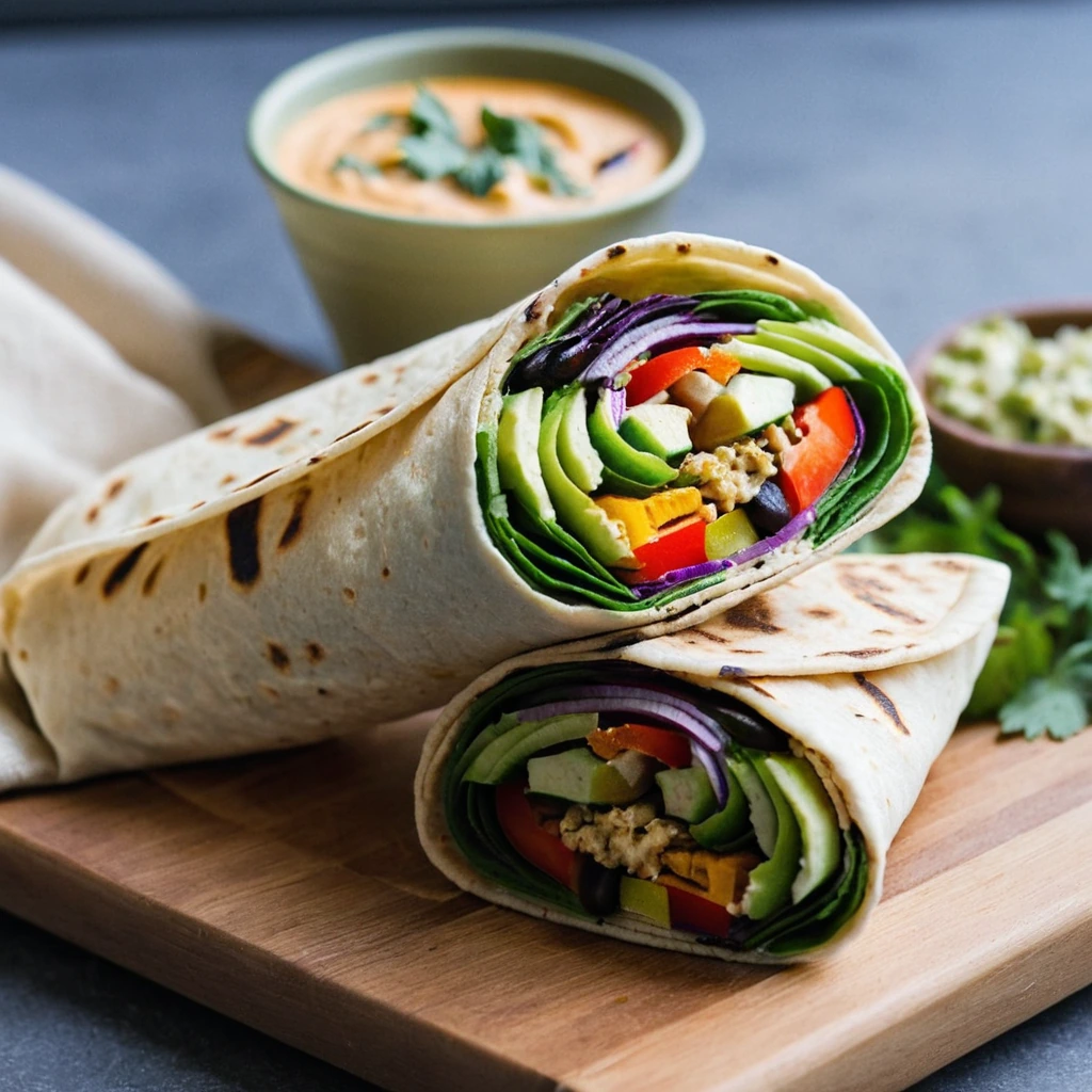 Colorful roasted vegetables wrapped in a golden tortilla with a drizzle of hummus on top.