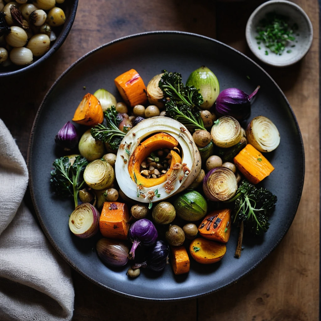 A plated serving of Roasted Winter Vegetables