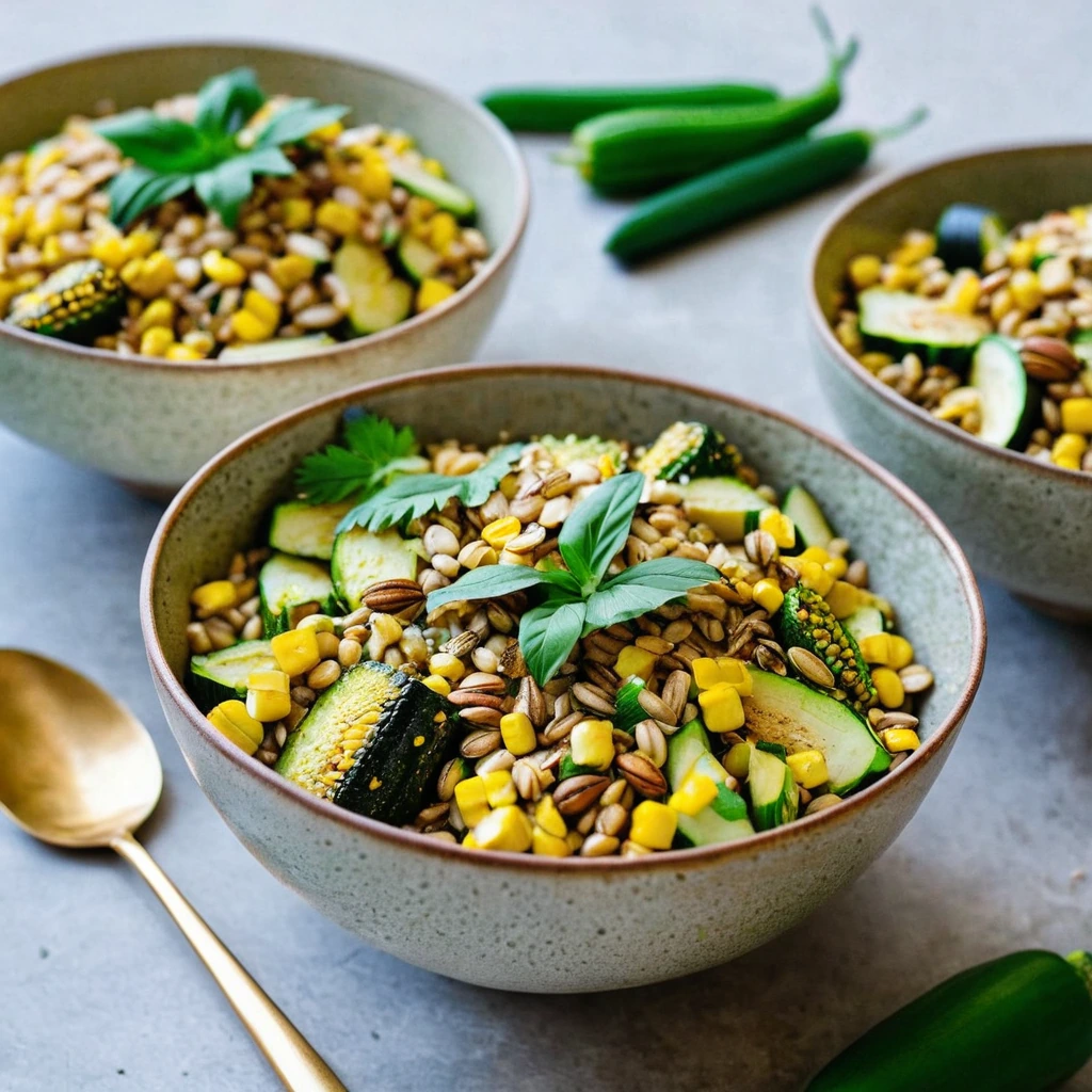 Colorful bowl with roasted zucchini and corn atop a bed of golden farro, garnished with fresh herbs.