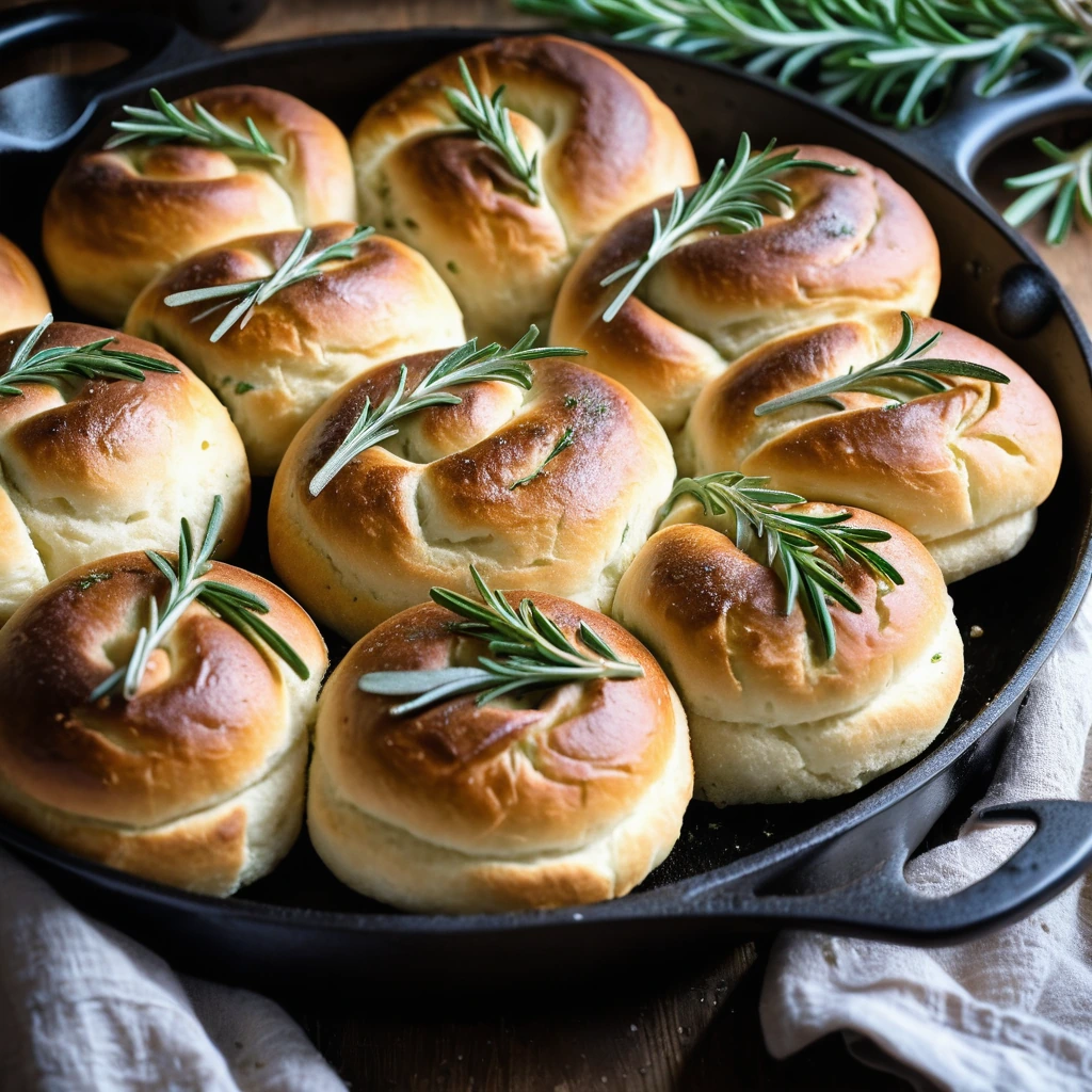 Golden brown rolls arranged in a skillet, sprinkled with fresh rosemary, served on a rustic wooden table.