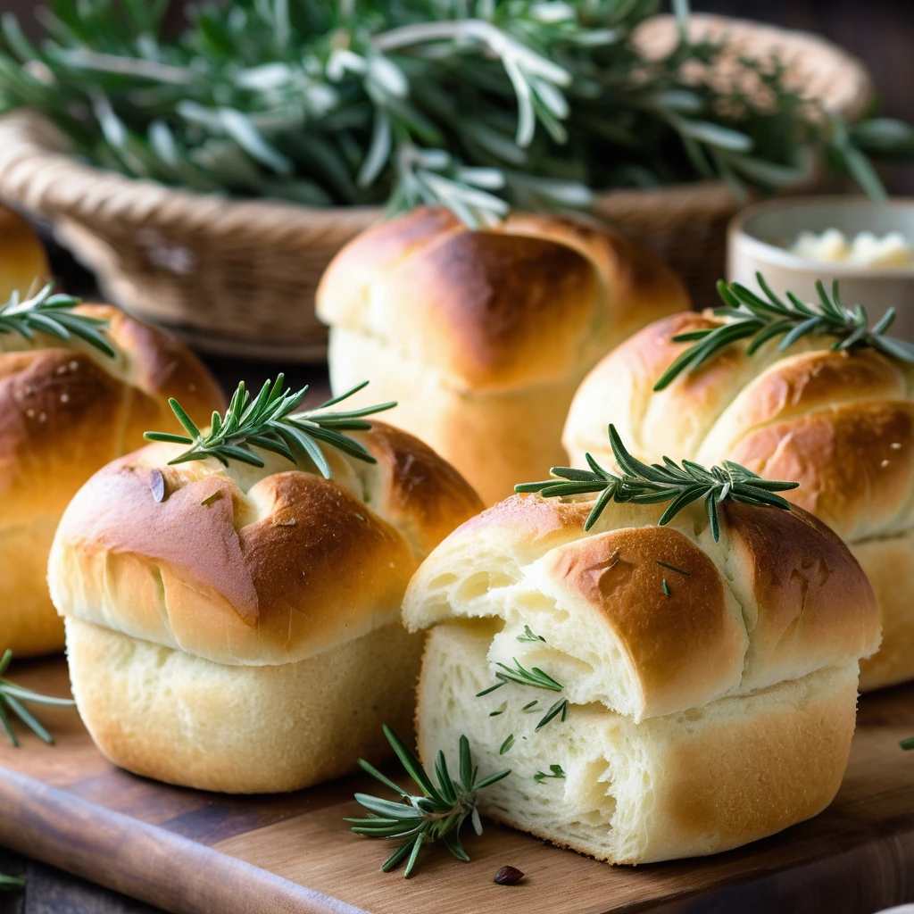 golden dinner rolls with fresh rosemary sprigs on a rustic wooden board