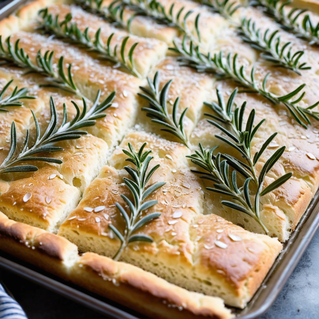 Sheet pan of golden focaccia with green rosemary sprigs and white sea salt crystals.