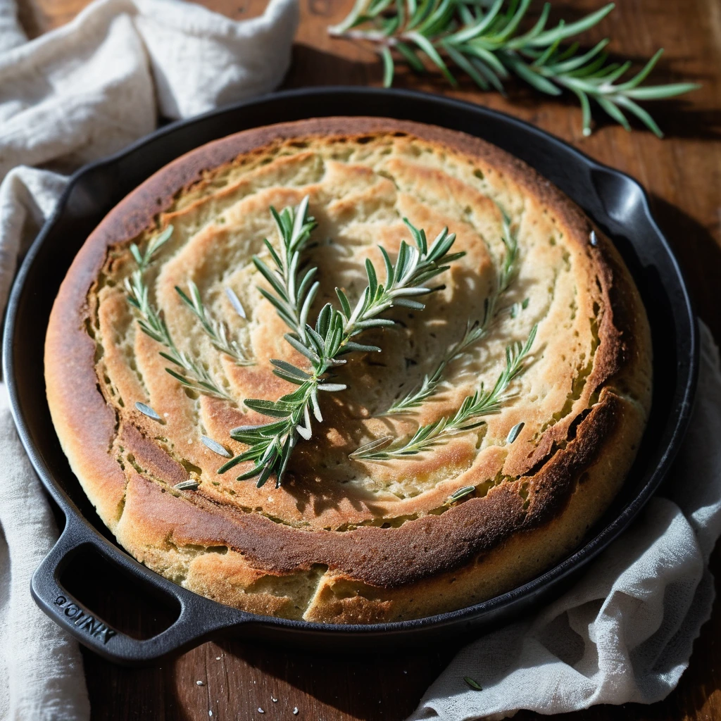 Golden brown skillet bread sprinkled with sea salt and rosemary leaves, sliced and served on a rustic wooden board.