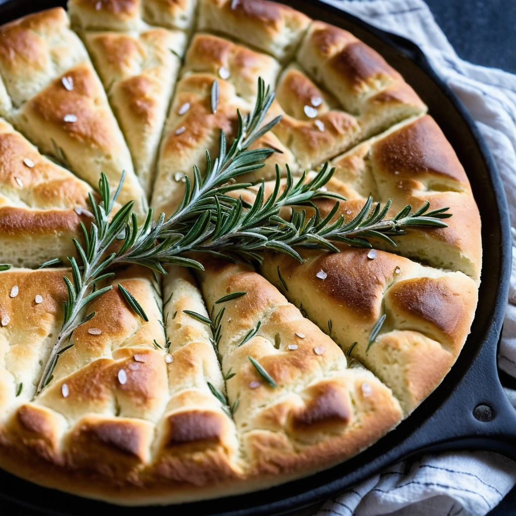 A round, golden-brown focaccia with dimpled surface, sprinkled with sea salt and fresh rosemary leaves.