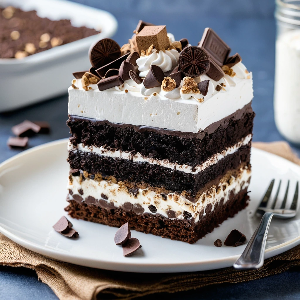 A rectangular cake with a golden-brown crust, dotted with chocolate chips and topped with toasted marshmallows and graham cracker crumbs.