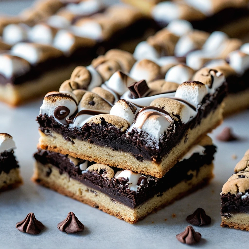 Golden-brown cookie bars with a swirl of toasted marshmallow and chocolate chunks.