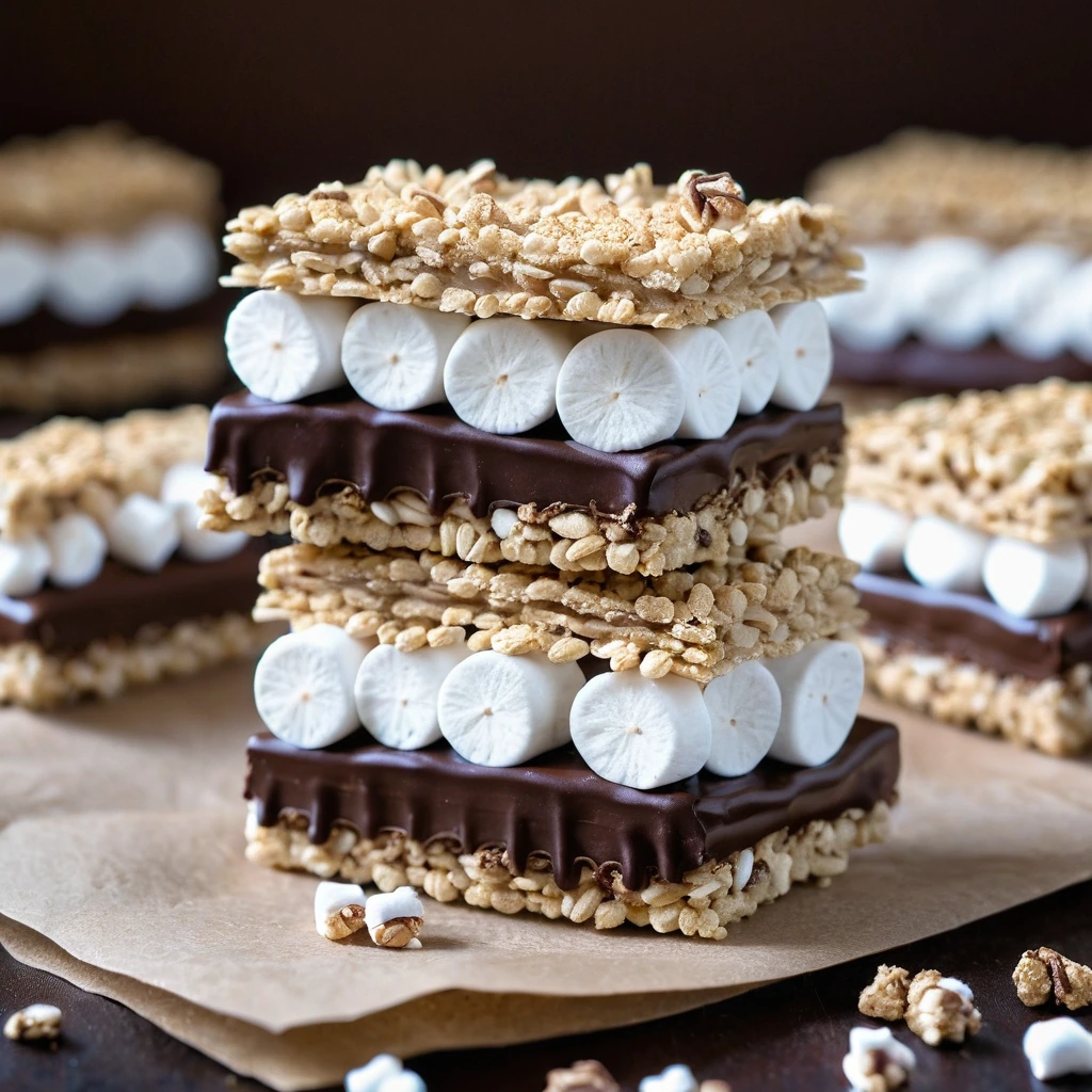 Rectangular chocolate rice krispie treats with toasted marshmallow filling and graham cracker crumbs sprinkled on top