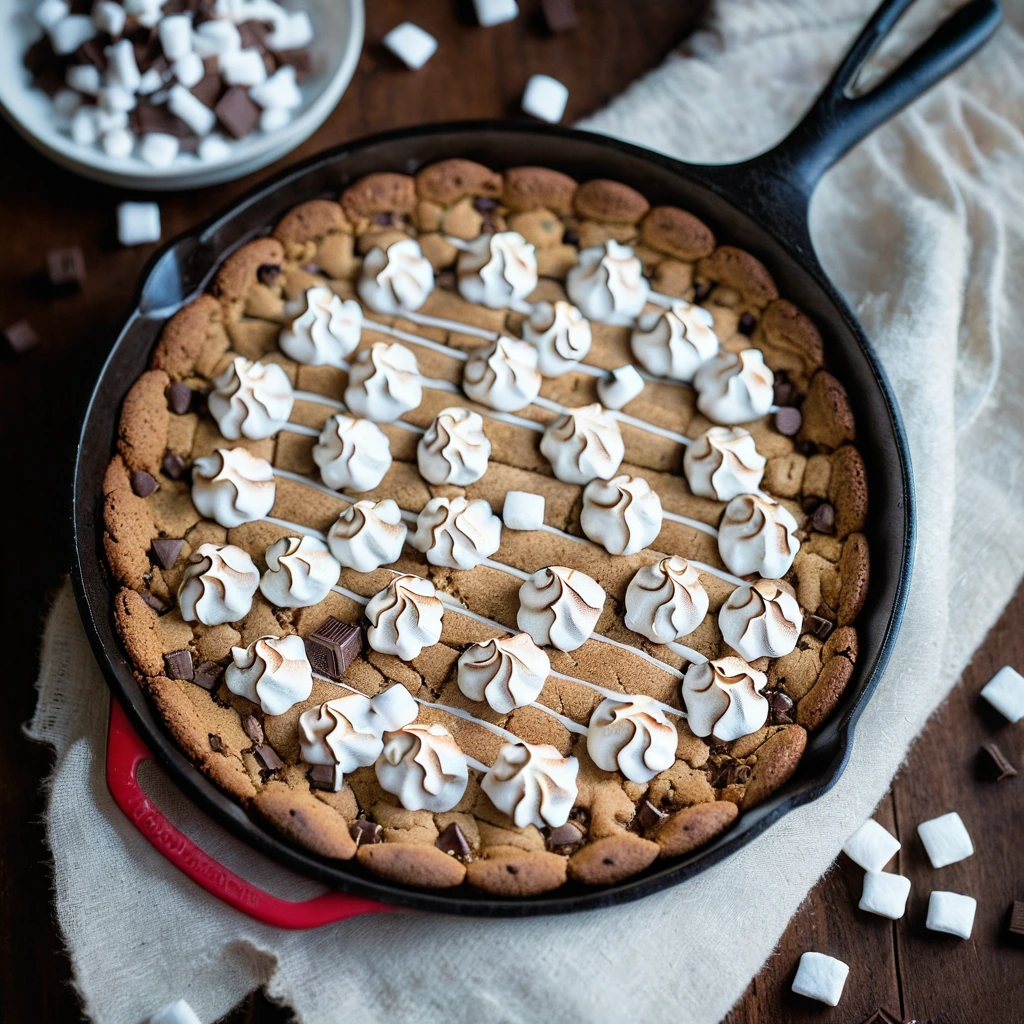 Golden-brown skillet cookie with melted marshmallows and chocolate chunks atop a graham cracker crust.