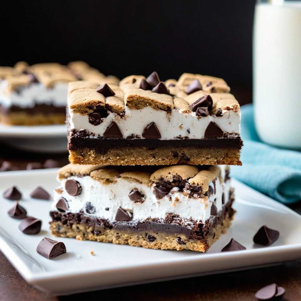 Golden-brown cookie bars with melted marshmallows and chocolate chips, sprinkled with graham cracker crumbs on top.