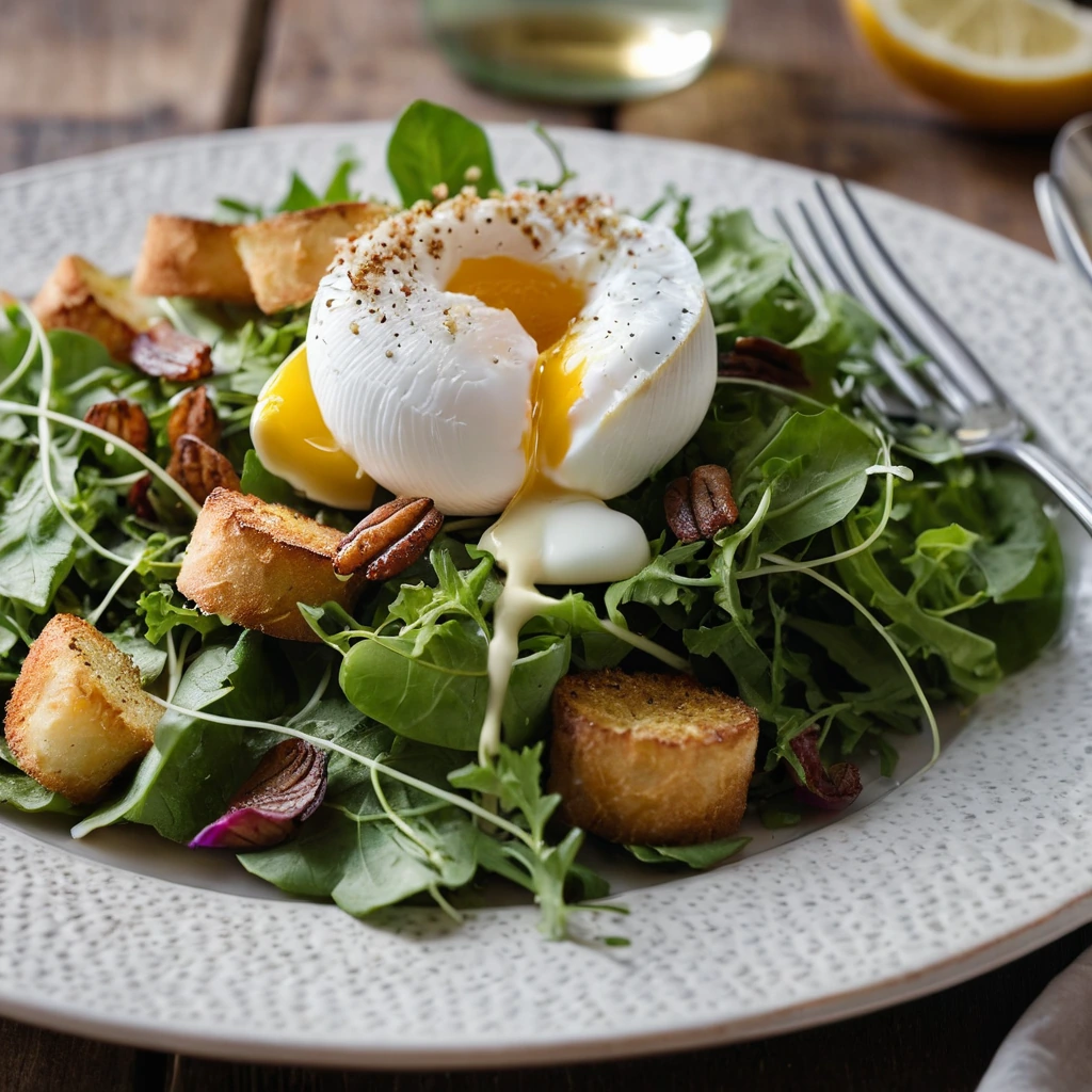 Mixed greens topped with crispy bacon bits, croutons, and a golden poached egg, drizzled with dressing