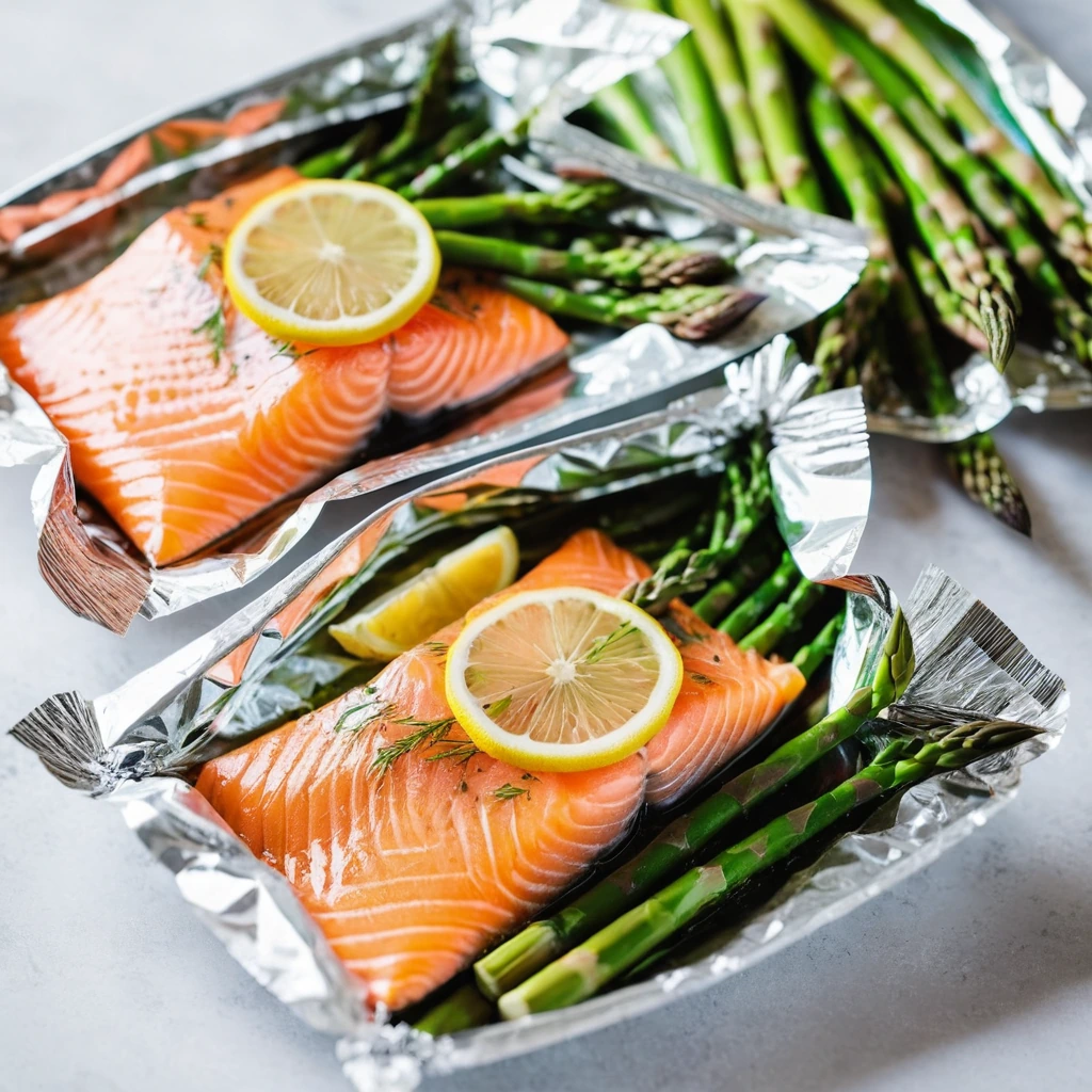 Two foil packets open to reveal vibrant green asparagus and pinkish-orange salmon drizzled with lemon juice