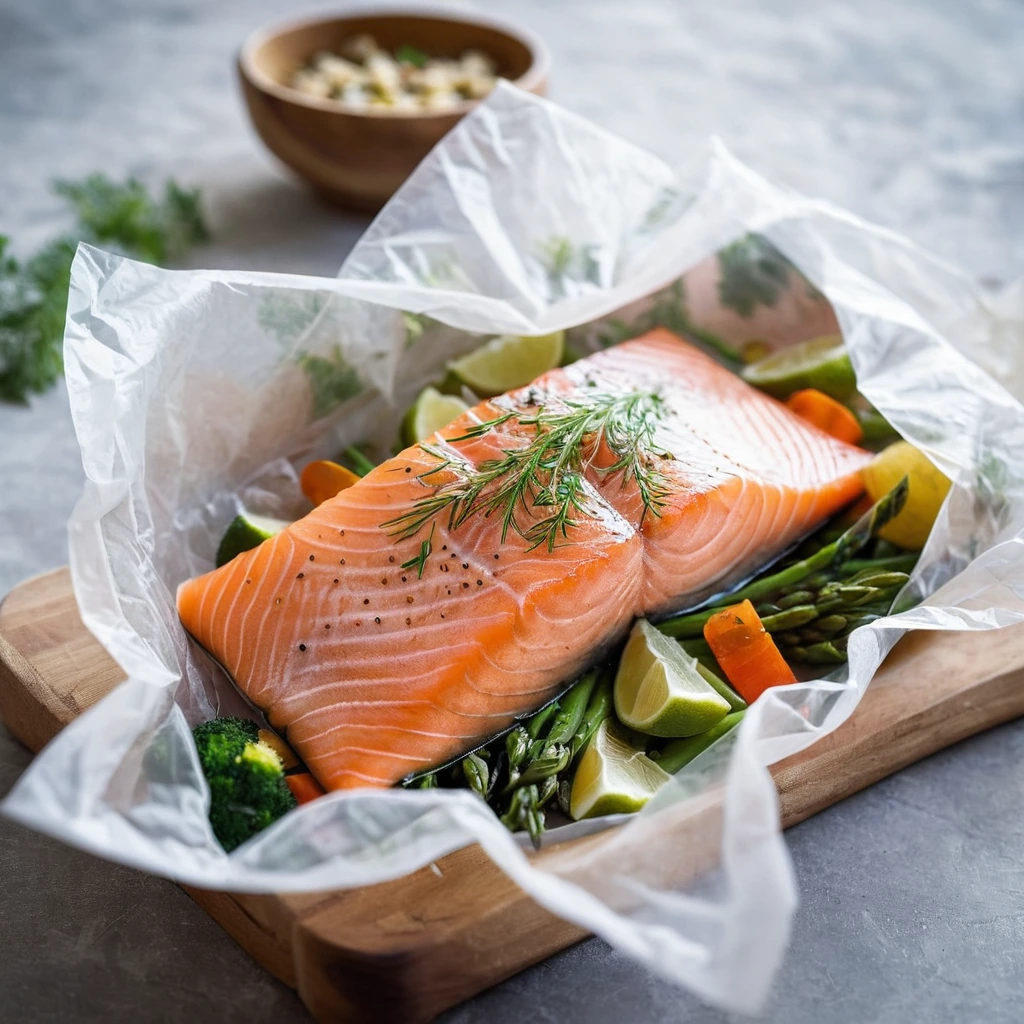 Steamed salmon fillet nestled on a bed of vibrant vegetables in an open parchment paper pouch