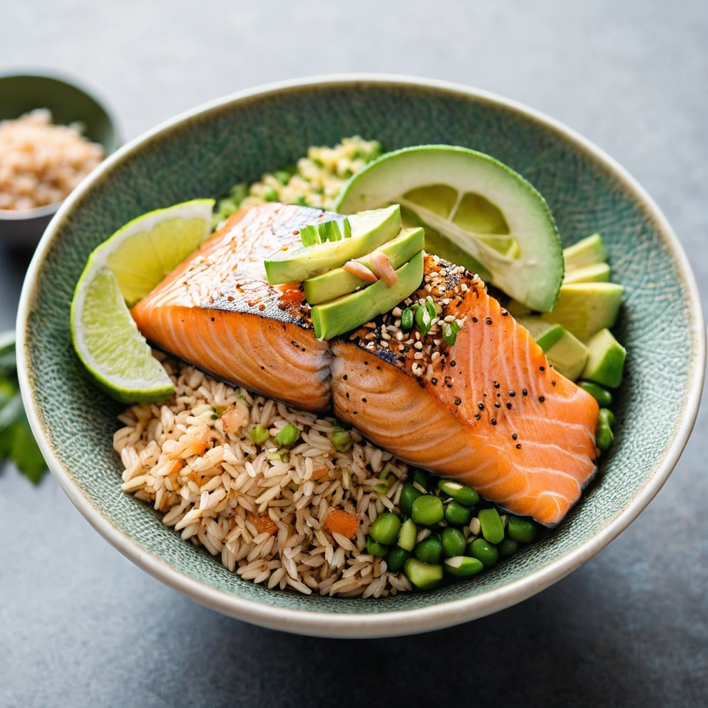 A bowl of yellow rice topped with glazed salmon fillet, avocado slices, and sesame seeds, garnished with green onions.