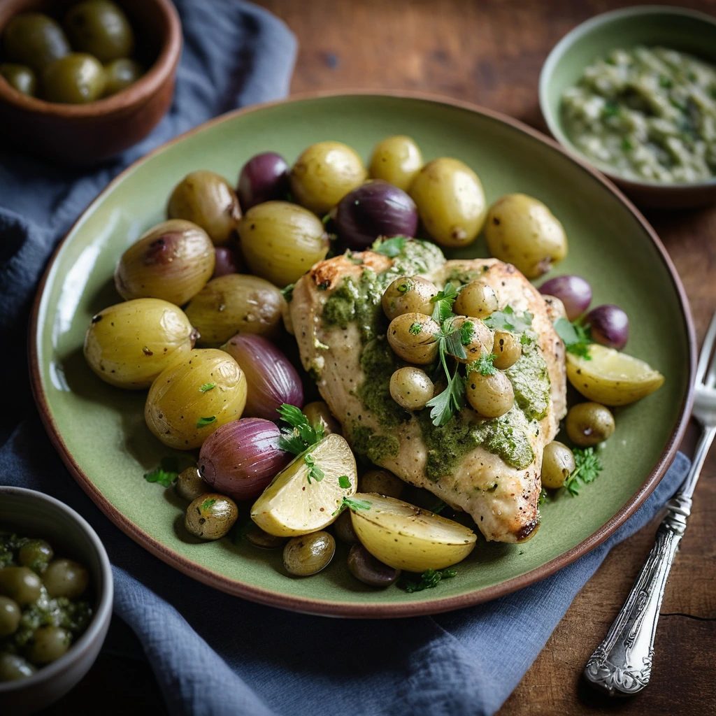 Baked chicken breasts and baby potatoes in a vibrant green salsa verde sauce, served on a rustic plate.