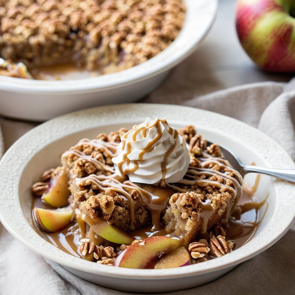 Golden apple crisp in a white dish with a shiny caramel drizzle and toasted oat topping.