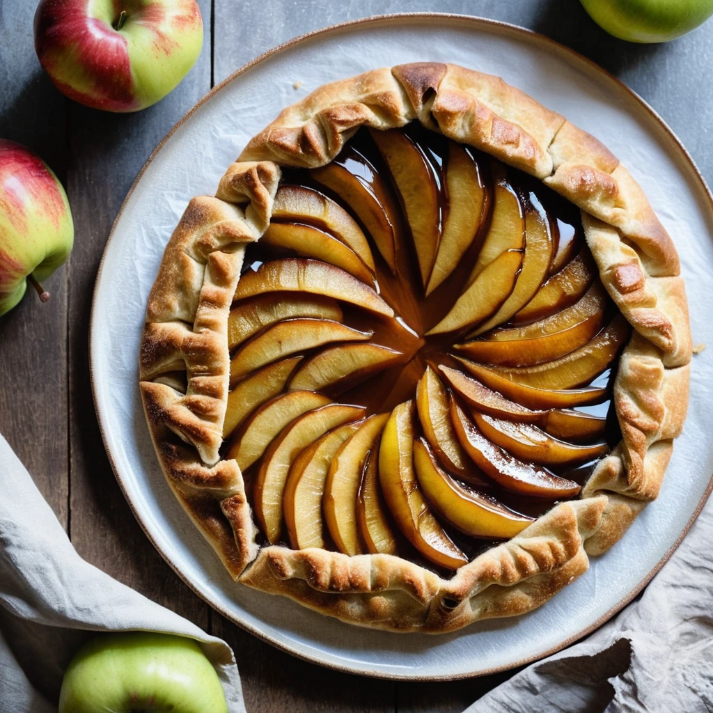 Rustic golden galette with caramelized apple slices and a drizzle of amber salted caramel sauce on a white plate.