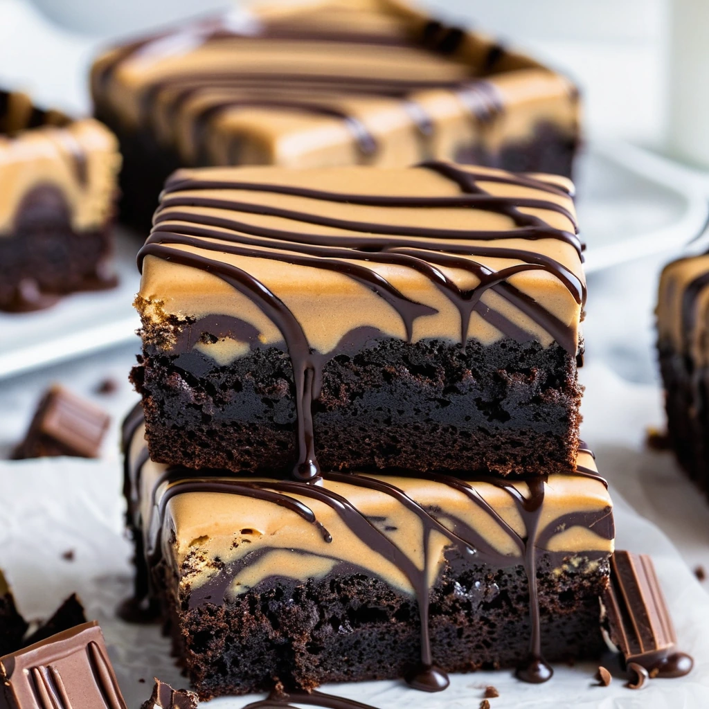 Rectangular pan of dark, fudgy brownies with swirls of golden caramel and a glossy chocolate drizzle on top.