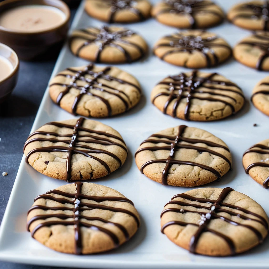 Golden brown cookies with dark chocolate drizzle and flecks of sea salt on a white plate.