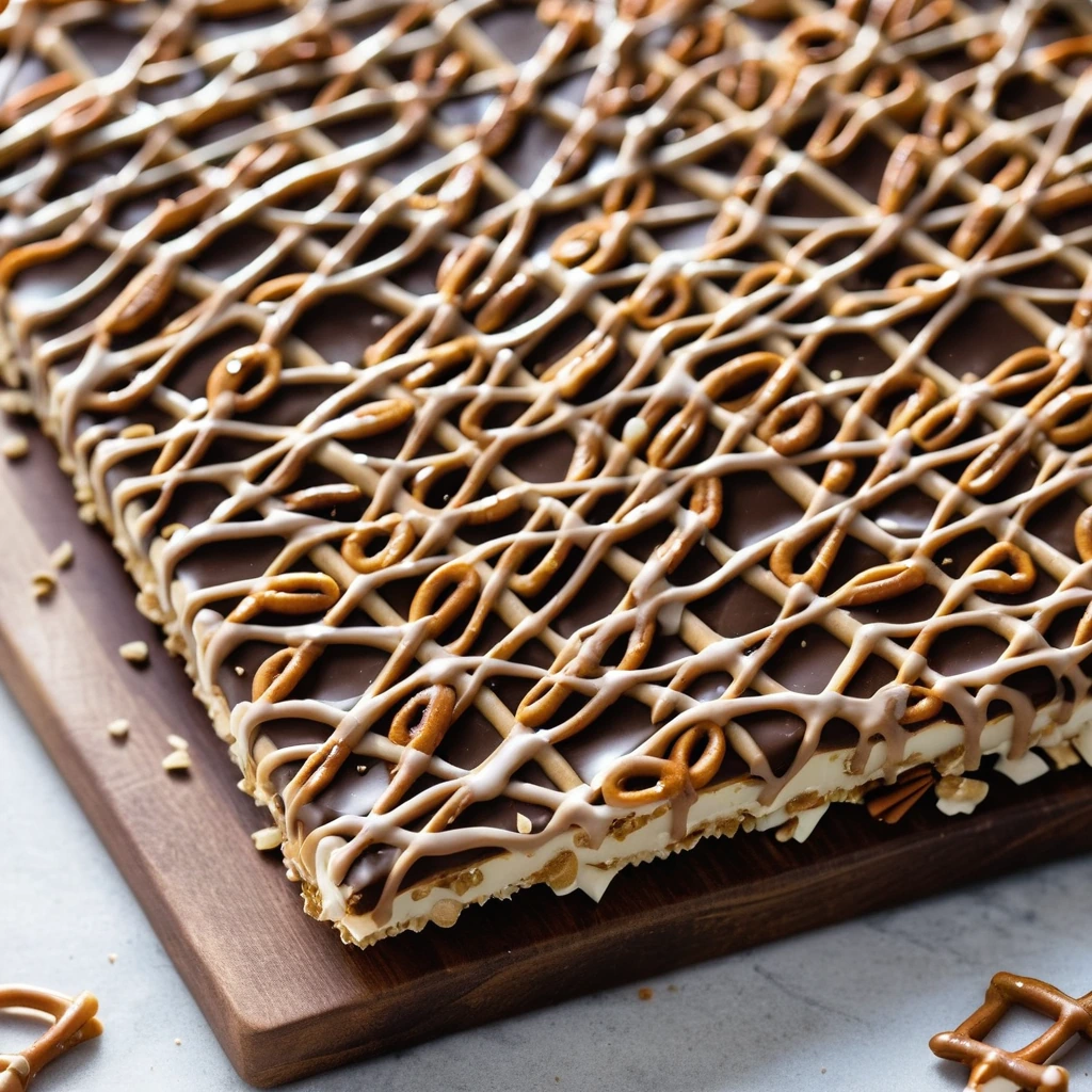 A rectangular slab of chocolate bark scattered with pretzels and drizzled with golden caramel.