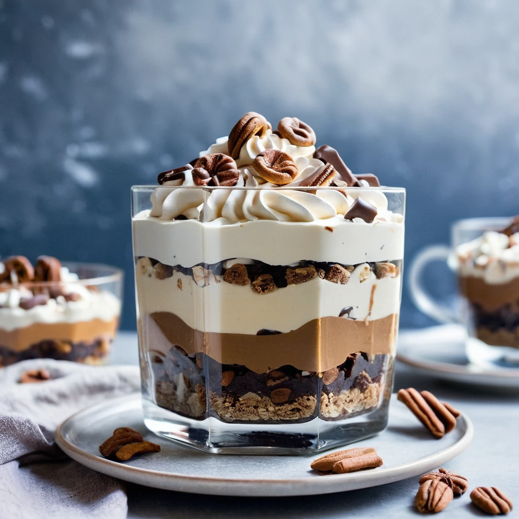 A clear glass bowl filled with layered brownies, crushed pretzels, and drizzled salted caramel, topped with whipped cream.