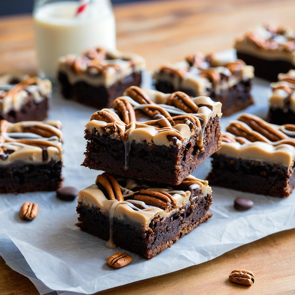 A tray of fudgy brownies with golden pretzels and a drizzle of amber salted caramel sauce.