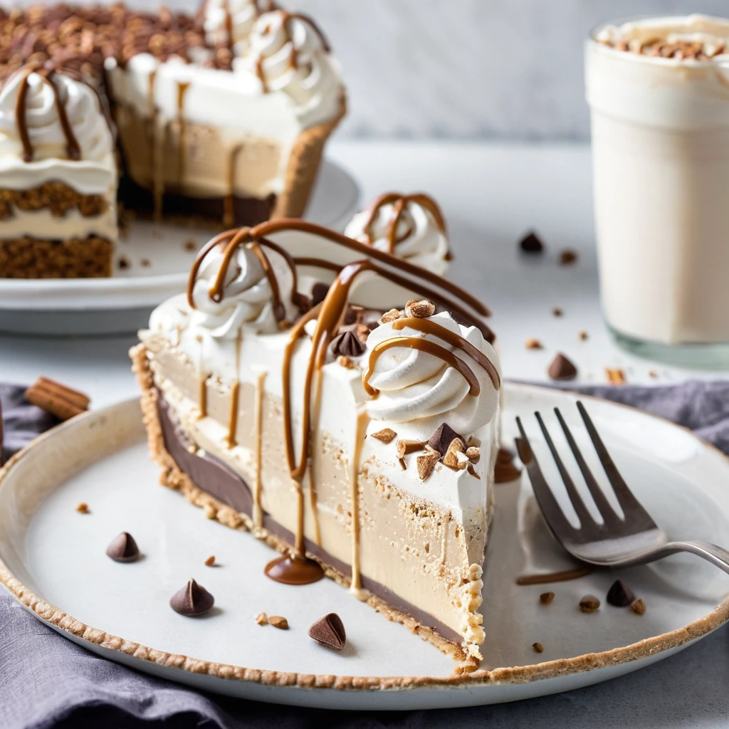 A slice of pie with a golden pretzel crust, smooth tan ice cream, and a glossy caramel drizzle served on a white plate.