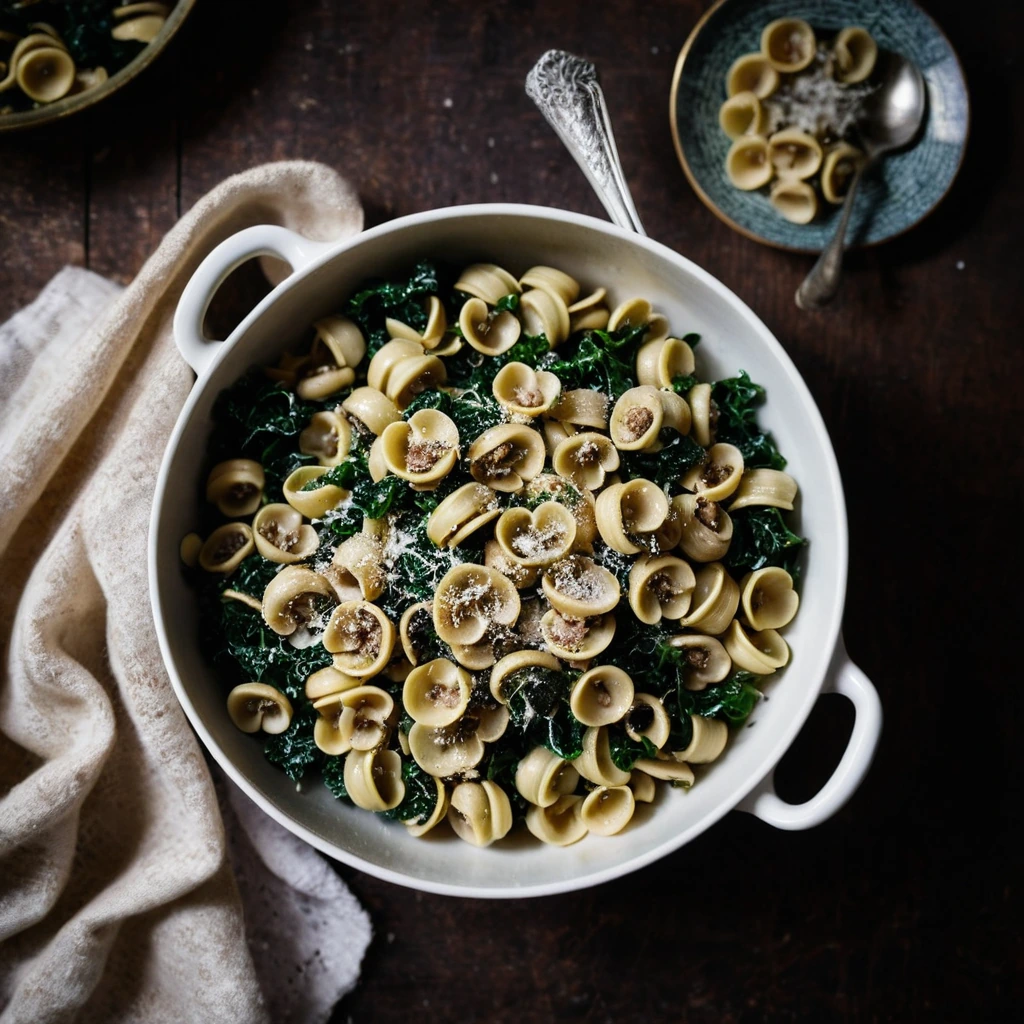 A rustic bowl of orecchiette pasta with green kale and crumbled sausage in a golden sauce.
