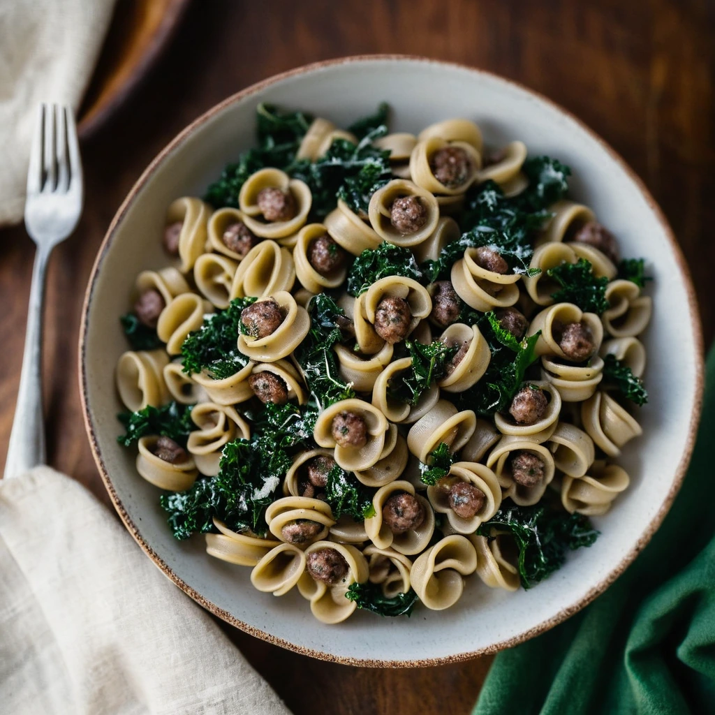 Bowl of green kale, golden orecchiette pasta, and browned sausage drizzled with olive oil.