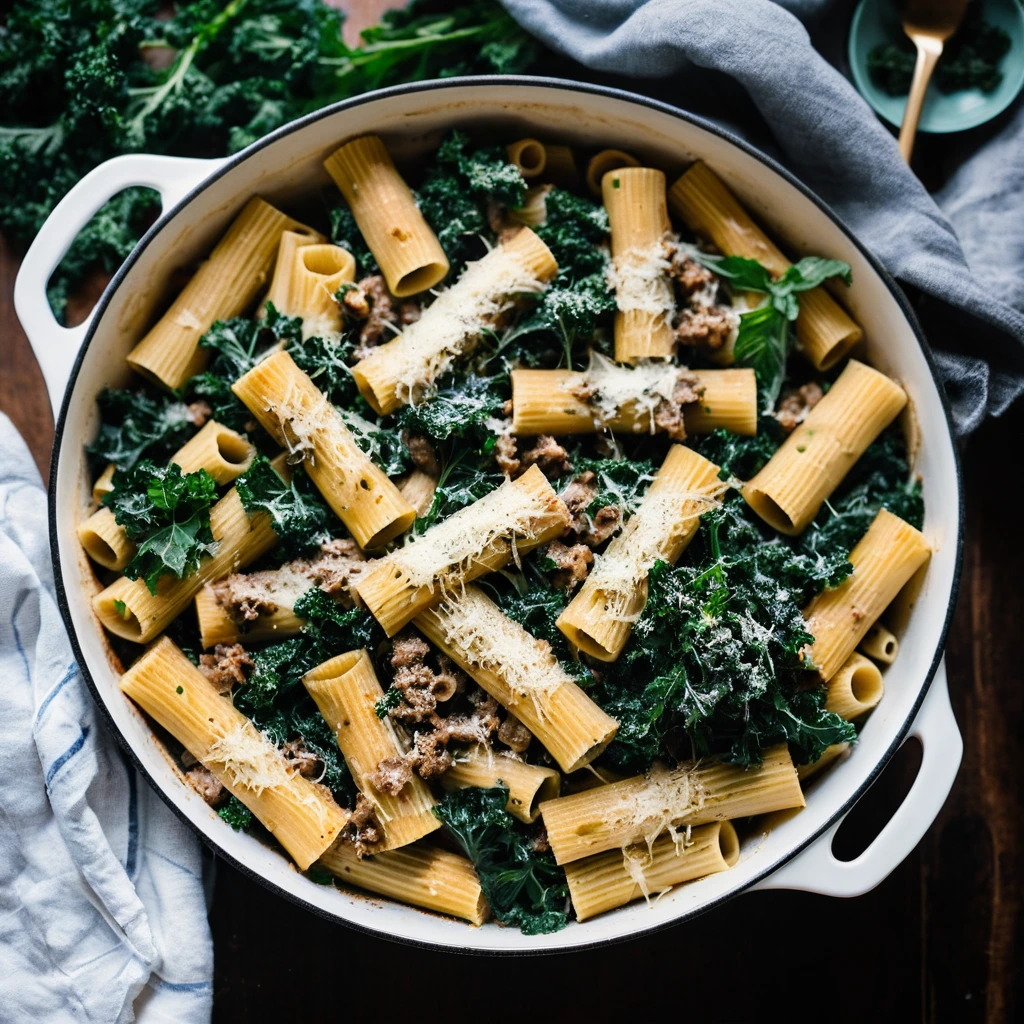 Baked rigatoni pasta with browned sausage, vibrant green kale, and melted cheese on top.