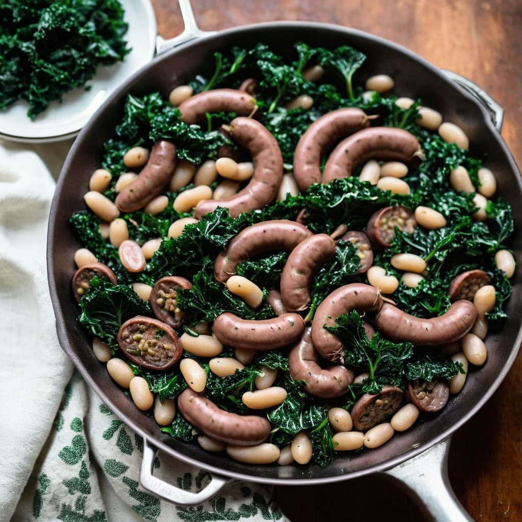 Rustic skillet with vibrant green kale, white beans, and browned sausage slices.