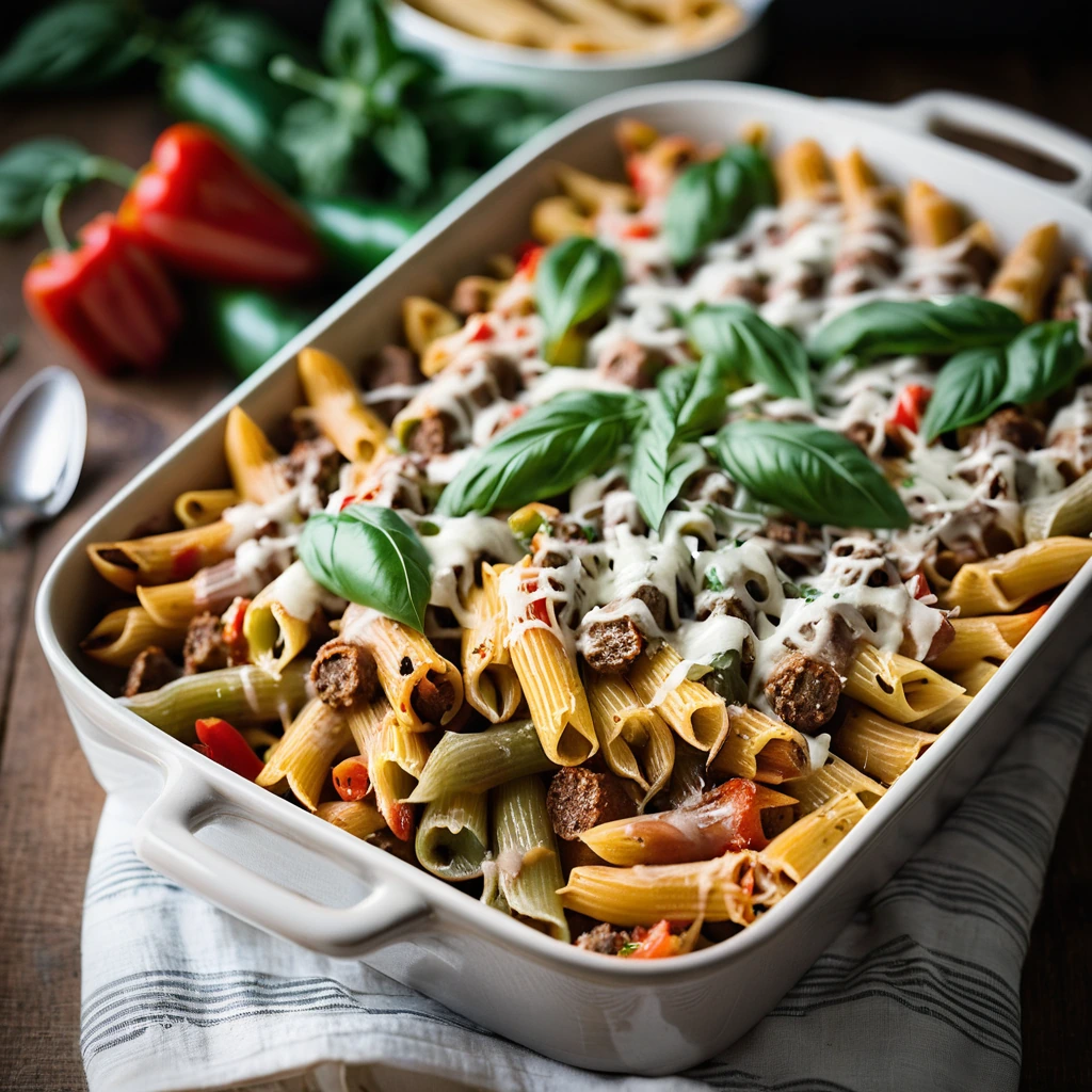 Baked penne pasta casserole with layers of brown sausage, colorful bell peppers, and melted cheese.