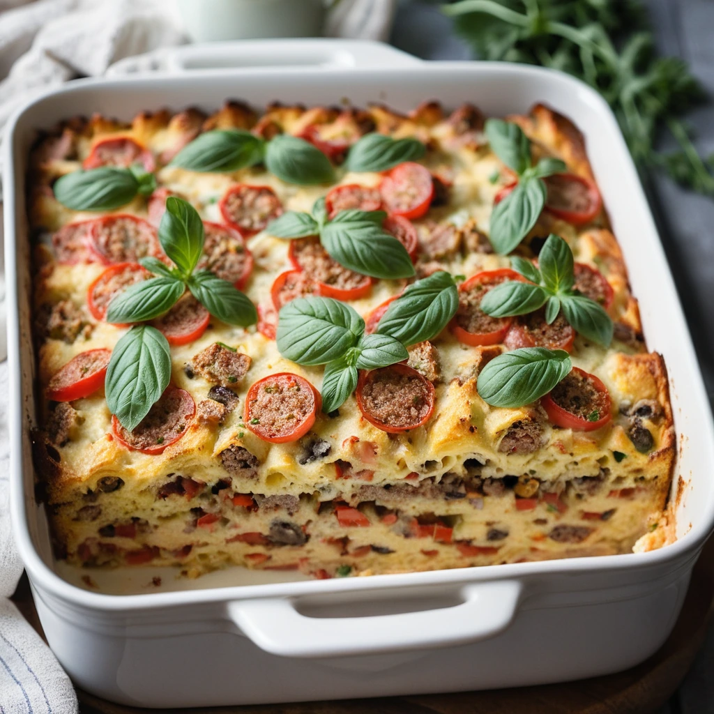 golden strata in a casserole dish with layers of sausage and pepperoni, topped with melted cheese and fresh herbs