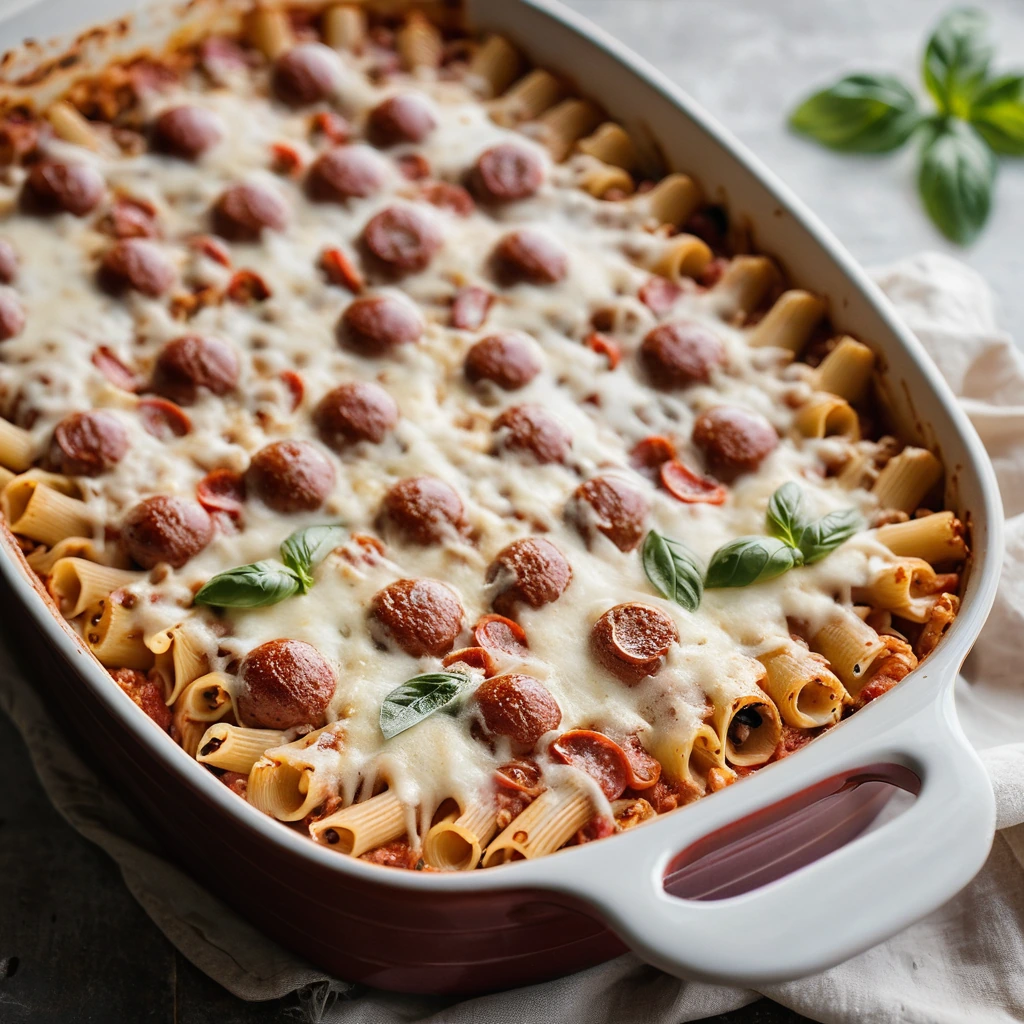 Golden bubbly casserole in a baking dish topped with melted mozzarella and pepperoni slices.