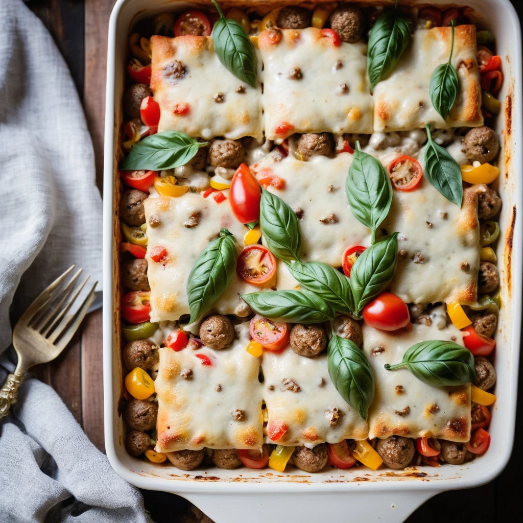 Golden bubbly casserole in a baking dish, topped with melted mozzarella and colorful bell peppers.