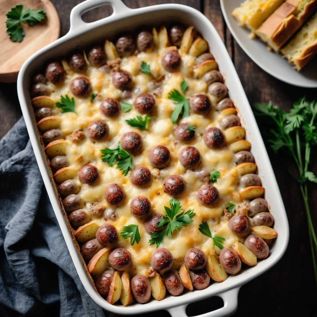 Browned sausage and diced potatoes topped with melted cheddar in a bubbly casserole dish