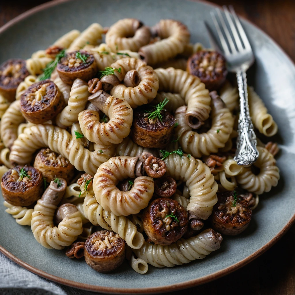 Golden roasted fennel slices atop twirled cavatappi pasta, dotted with browned sausage crumbles, sprinkled with Parmesan.