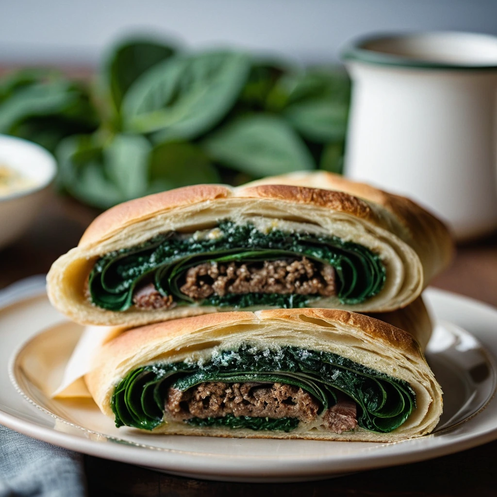 Golden-brown stromboli sliced to reveal layers of sausage, spinach, and melted cheese.