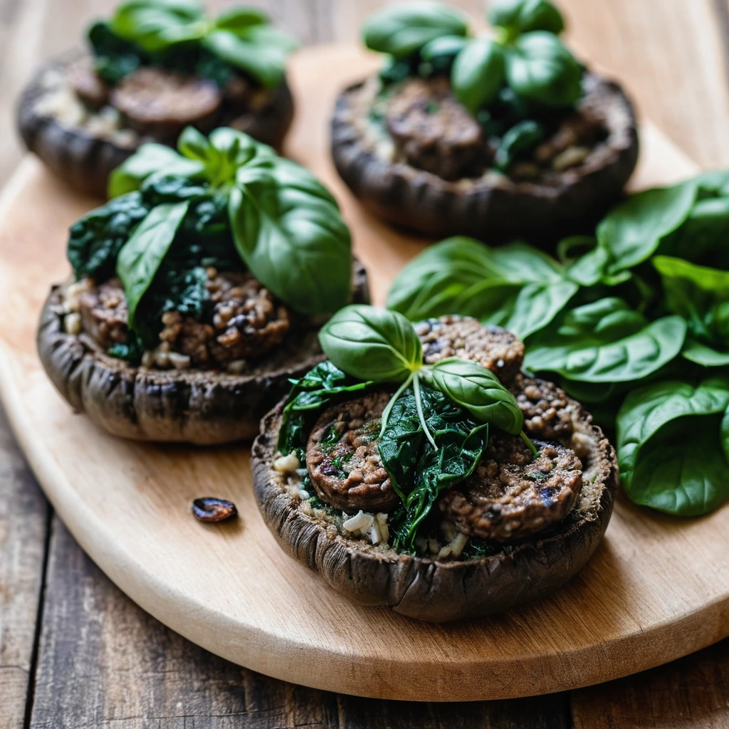 Brown portobello caps stuffed with a mixture of Italian sausage and spinach, arranged on a rustic wooden board.