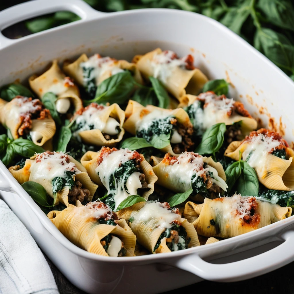 Baked stuffed pasta shells in a casserole dish, topped with melted mozzarella and flecks of green spinach.
