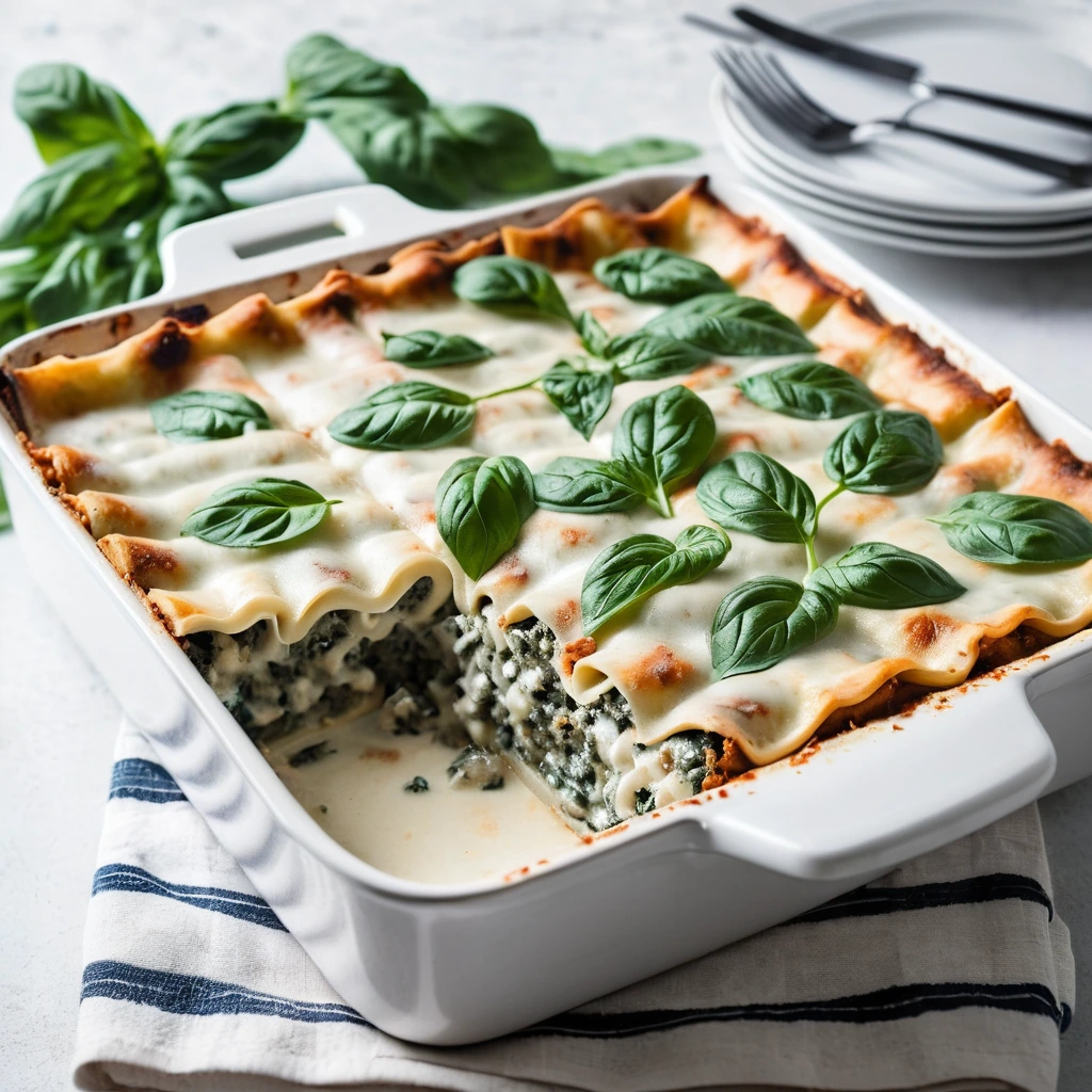A rectangular baking dish filled with layered lasagna sheets, creamy white sauce, crumbled sausage, and spinach, topped with melted cheese.