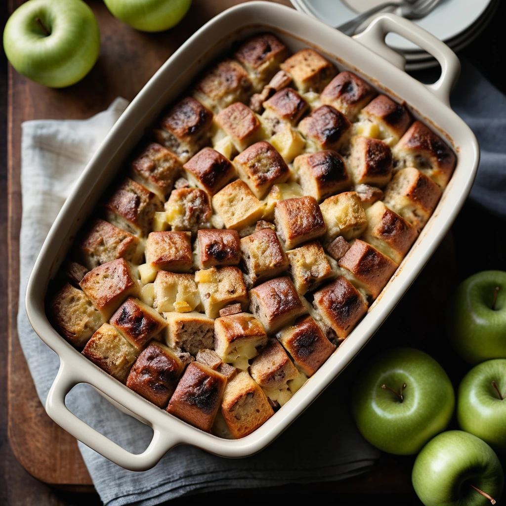 Golden brown casserole with chunks of apple and cheese in a baking dish
