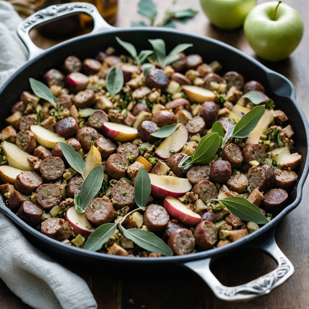 Golden skillet filled with a rustic mix of sausage, diced apples, and sage leaves.